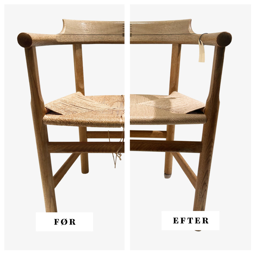 Før/efter stoleflet af PP62 hos Kurvemagerne